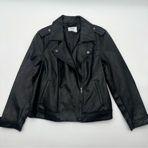 Old Navy Womens Black Faux Leather Moto Biker Jacket Petite Medium Asymmetric